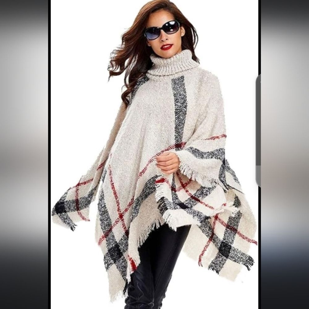 Cellabie One Size Taupe Black and Red Poncho